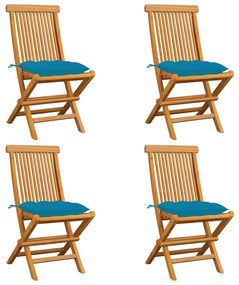 Záhradné stoličky s bledomodrými podložkami 4 ks tíkový masív