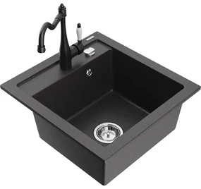 Mexen Vito, granitový drez 490x520x210 mm, 1-komorový a drezová batéria Carla, čierna škvrnitá, 6503-76-670700-70