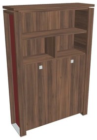 Vysoká šatníková skriňa Verno+ S 140 x 46 x 210 cm, s regálom, orech / červená