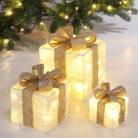 HI LED 3 ks osvetlený vianočný darček so zlatými stužkami