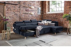 Tmavomodrá zamatová rozkladacia rohová pohovka do "U" (pravý roh) Sweet Harmony – Miuform