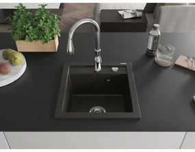 Mexen Vito, 1-komorový granitový drez 520x490x210 mm a drezová batéria Savita, čierna-zlatá metalíza, 6503-75-672601-00
