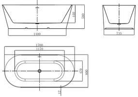 Mexen Oval Slim, voľne stojaca vaňa ku stene 170 x 80 cm, biela lesklá, grafitový prepad, 52661708000-95