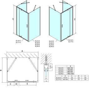 Polysan EASY, 3-stenový sprchový kút 800-900x1000mm, pivot dvere L/P varianta, číre sklo, EL1615EL3415EL3415
