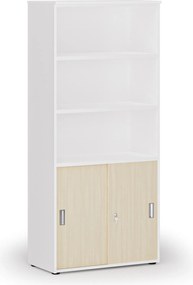 Kombinovaná kancelárska skriňa PRIMO WHITE, zasúvacie dvere na 2 poschodia, 800 x 420 x 1781 mm, biela/breza