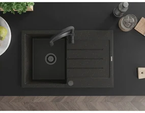 Mexen Bruno, 1-komorový granitový drez 795x495x200 mm a drezová batéria Aster, čierna-zlatá metalíza, 6513-75-73450-70-B