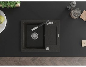 Mexen Enzo, 1-komorový granitový drez 576x465x174 mm a drezová batéria Flora, čierna-zlatá metalíza, 6506-75-670401-07