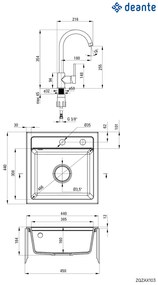 Deante Zorba, granitový drez 440x440x184 mm B/O, 3,5" + priestorovo úsporný sifón, 1-komorový + Nemezja batéria, piesková, ZQZA7103
