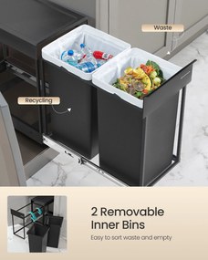 Zabudovateľný kuchynský odpadkový kôš na triedenie odpadu, 2 x 15 L dvojkomorový, čierny