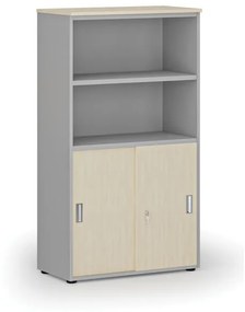 Kombinovaná kancelárska skriňa PRIMO GRAY, zasúvacie dvere na 2 poschodia, 1434 x 800 x 420 mm, sivá/breza
