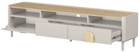 TV stolík Amilio 200 cm so zásuvkami - kašmír / olejovaný dub / úchytky svetlý dub