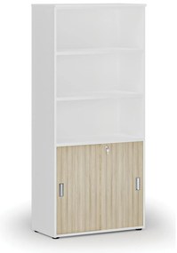 Kombinovaná kancelárska skriňa PRIMO WHITE, zasúvacie dvere na 2 poschodia, 800 x 420 x 1781 mm, biela/dub prírodná