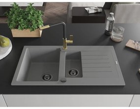 Mexen Matias, 1,5-komorový granitový drez 900x505x200 mm a drezová batéria Flora, šedá, 6502-71-670401-57-B