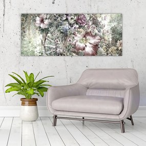 Obraz kvetov na drevenom bicykli (120x50 cm)