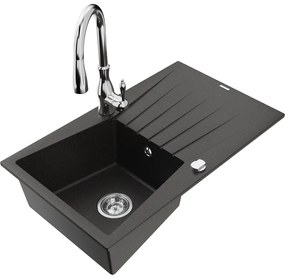 Mexen Cesar, 1-komorový granitový drez 775x470x190 mm a drezová batéria Savita, čierna-zlatá metalíza, 6514-75-672601-00