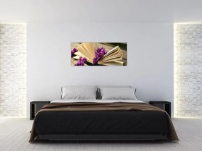 Obraz knihy a fialovej kvetiny (120x50 cm)