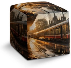Sablio Taburet Cube Vlak na stanici pri východe slnka: 40x40x40 cm