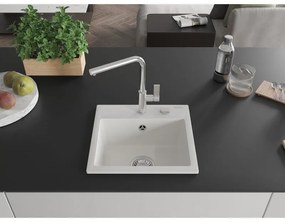 Mexen Milo, 1-komorový granitový drez 435x410x171 mm a drezová batéria Flora, biela, 6505-20-670401-00