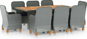 vidaXL 9-dielna vonkajšia jedálenská súprava+podložky, polyratan, sivá