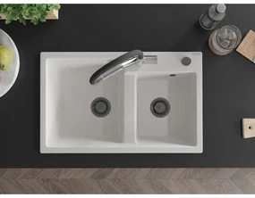 Mexen Tomas, 2-komorový granitový drez 800x500x190 mm  a kuchynská batéria Duo, biela, 6516-20-671701-07-B