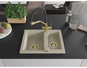Mexen Carlos, 1,5-komorový granitový drez 582x475x177 mm a drezová batéria Duo, béžová, 6518-69-671701-57-G
