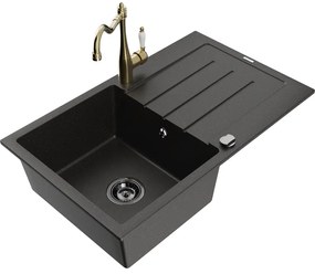 Mexen Bruno, granitový drez 795x495x200 mm, 1-komorový a drezová batéria Carla, čierna-zlatá metalíza, 6513-75-670700-50-B