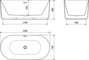 Mexen Paola, voľne stojaca vaňa, drážkovaná, 150 x 75 cm, biela lesklá, biely prepad, 52721507500-20