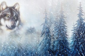 Samolepiaca tapeta maľba vlka v zimnej prírode