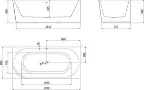 Mexen Silo, rohová voľne stojaca ryhovaná vaňa, pravá, 170 x 80 cm, biela-šedá, zlatý lesklý prepad, 52891708062P-50