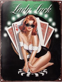 Čierna antik nástenná kovová ceduľa Lady Luck - 25*1*33 cm