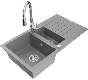 Mexen Matias, 1,5-komorový granitový drez 900x505x200 mm a drezová batéria Savita, šedá, 6502-71-672601-00