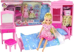 LEAN Toys Bábika so sadou nábytku: posteľ, šatníková skriňa, toaletný stolík