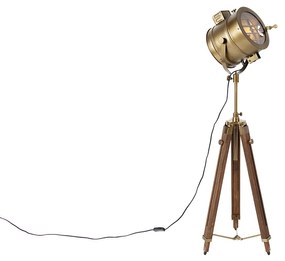 Trojnohá stojaca lampa bronzová s dreveným štúdiovým bodovým svetlom - Radient