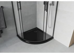 Mexen Rio, štvrťkruhový sprchovací kút s posuvnými dverami 90(dvere) x 90(dvere) x 190 cm, 6mm sklo námraza, čierny profil + čierna sprchová vanička SLIM, 863-090-090-70-30-4170B