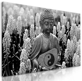 Obraz Budha na levandulovej lúke v čiernobielom prevedení