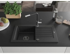 Mexen Pablo, 1-komorový granitový drez 752x436x161 mm a drezová batéria Flora, čierna-strieborná metalíza, 6510-73-670401-07-B
