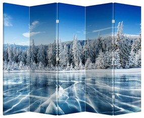 Paraván - Zamrznuté jazero a zasnežené stromy (210x170 cm)