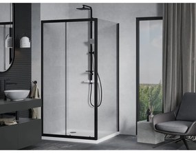 Mexen Apia, sprchový kút s posuvnými dverami 100 (dvere) x 100 (stena) cm, 6mm číre sklo, čierny profil + biela sprchová vanička, 840-100-100-70-00-4010B