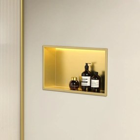 Rea Vstavaná kúpeľňová polica s LED osvetlením 45x30 cm, kartáčovaná zlatá
