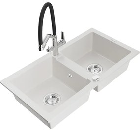 Mexen Mario, granitový drez 820x436x161 mm, 2-komorový a drezová batéria Duo, biela, 6504-20-671701-07