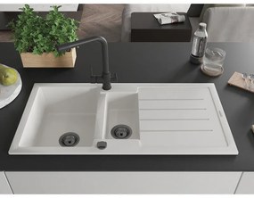 Mexen Andres, granitový drez 1000x500x200 mm, 1,5-komorový + čierna batéria Duero, biela, 6515-20-671600-70