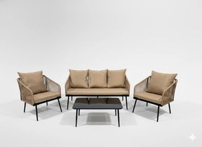 Garden Line SÚPRAVA ZÁHRADNÉHO NÁBYTKU Z TKANÉHO LANÁ (2 KRESLÁ + SOFA + STÔL) – BEŽOVÁ, VANKÚŠE – BEŽOVÁ *8517