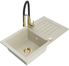 Mexen Pablo, granitový drez 752x436x161 mm, 1-komorový a drezová batéria Aster, béžová, 6510-69-73450-57-G