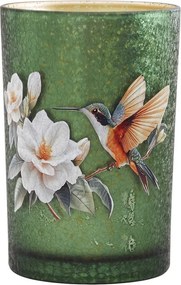 Zelený sklenený svietnik Kolibrík s kvetmi L - Ø 12*18 cm
