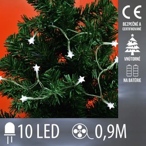 Vianočná led svetelná reťaz vnútorná na batérie s priesvitným káblom - hviezdičky - 10led - 0,9m studená biela