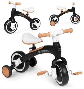 Balančný bicykel s pedálmi + tréningové postranné kolieska 3v1 čierne, ECOTOYS