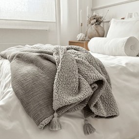 Obojstranný prehoz z mušelínu a umelej kožušiny šedá melange 100x135 cm