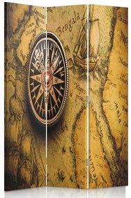 Ozdobný paraván, Kompas na staré mapě - 110x170 cm, trojdielny, obojstranný paraván 360°