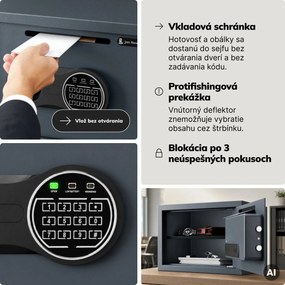 Malý vhadzovací trezor na kód, elektronický, na tržbu a obálky, 350x250x250 mm: PIERCE