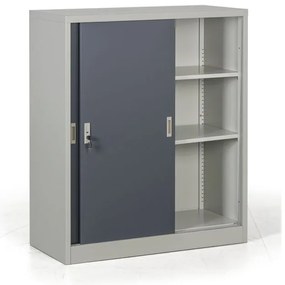 Kovová skriňa s posuvnými dverami, 2 police, 1000 x 1200 x 450 mm, tmavo sivá